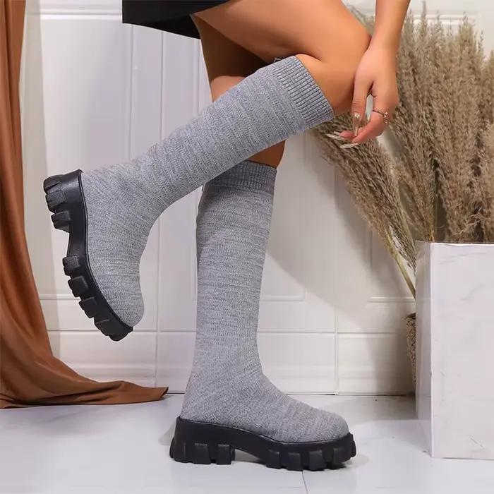 Rose grosse plate-forme bottes longues femmes tendance fond épais élastique genou