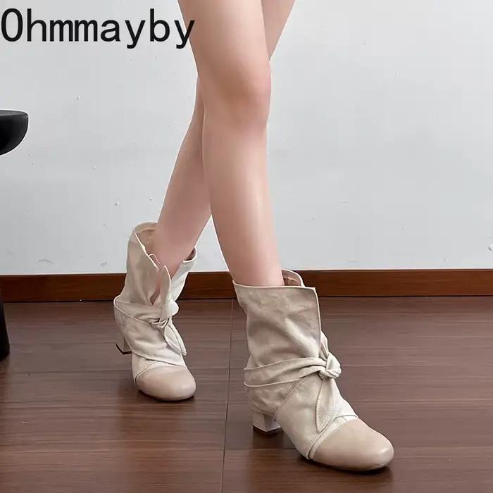 Bottines courtes pour femmes à bout rond en daim épissé avec nœud papillon et bride croisée, talon carré, pour l'automne et l'hiver, usage quotidien