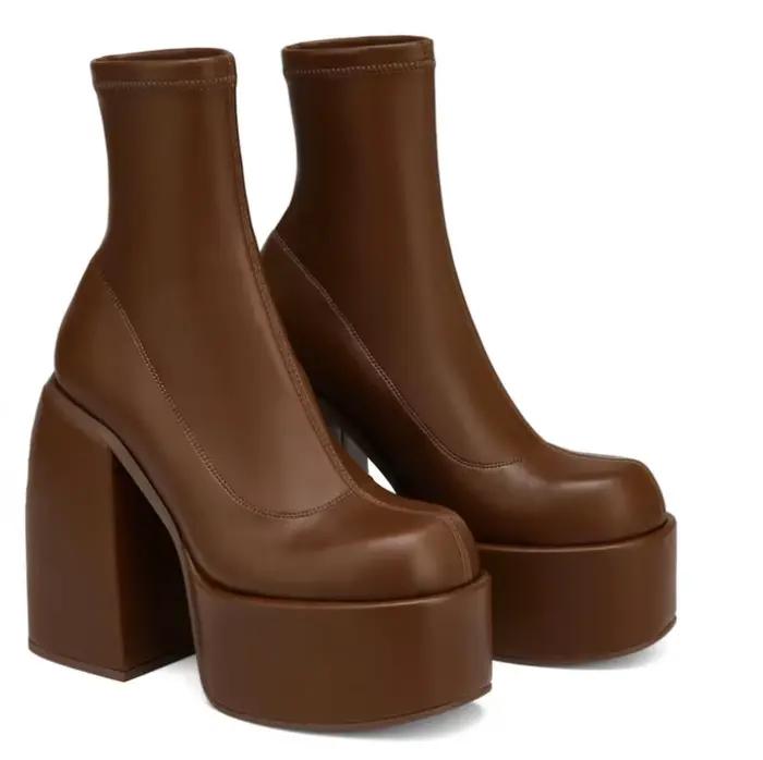 Bottes modernes femmes plate-forme talons bout rond botte en cuir talons épais fermeture éclair concepteur bloc talon chaussures mode filles chaussures décontractées