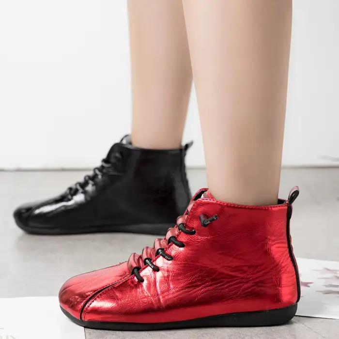 Bottes Courtes en Cuir Verni Antidérapantes pour Femme, Chaussures d'Automne et d'Hiver à Lacets, 2020