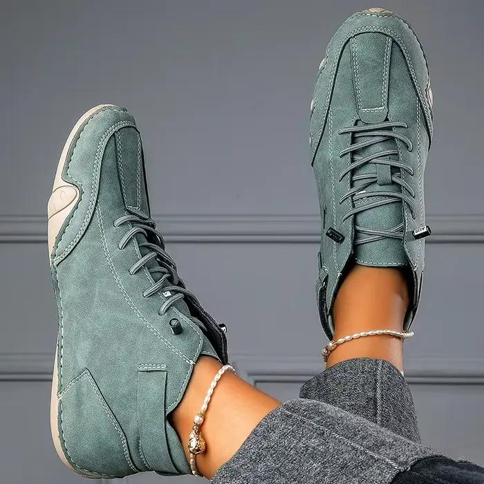 Femmes bottes nues en cuir à la mode à lacets Design chaussures confortables à semelles souples activités quotidiennes