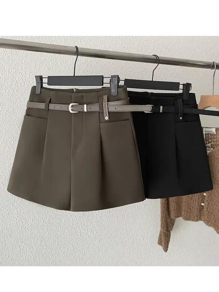 QOERLIN-Short botte avec ceinture pour femme, jambe large, ligne A, noir, café, mode coréenne, élégant, dames de bureau, automne, hiver, 2024