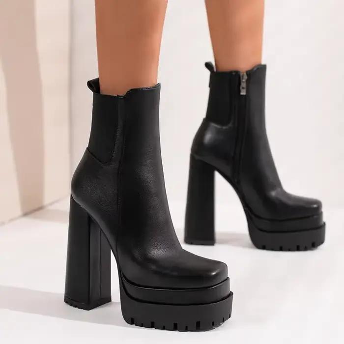 Bottines à plateforme pour femmes, tendance, bottes courtes noires, en cuir, gothique, Punk, talons, chaussures de fête, grande taille 45, hiver et automne