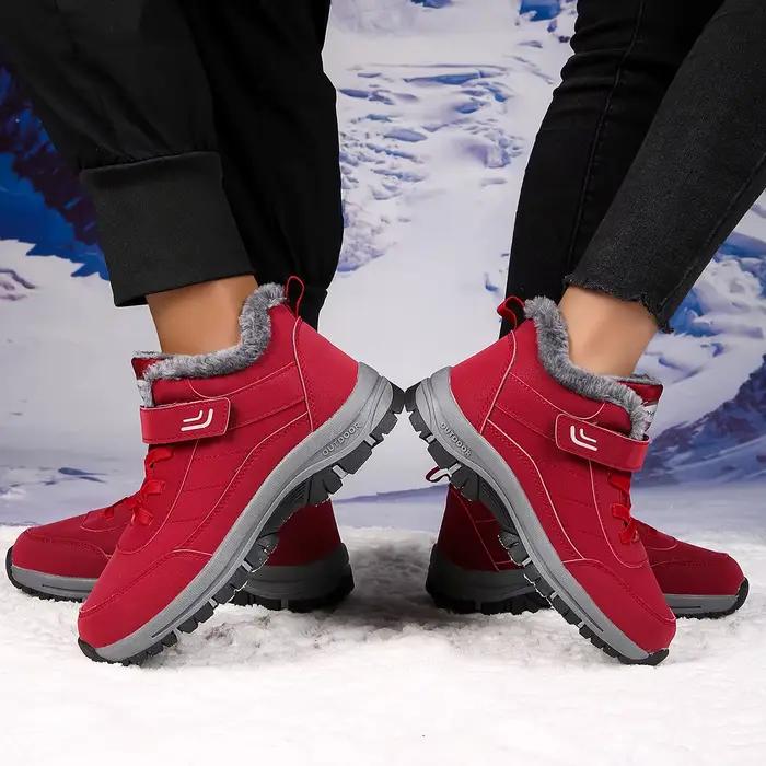 Bottes de neige pour femmes en peluche courte doublure, chaussures d'hiver confortables, étanches, hautes, à lacets, talons plats, pour les promenades et les randonnées hivernales