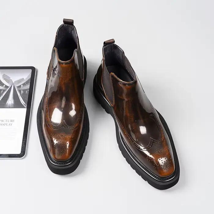 Bottes montantes élégantes en cuir pour hommes, chaussures de qualité supérieure faites à la main de Style britannique au Design sculpté