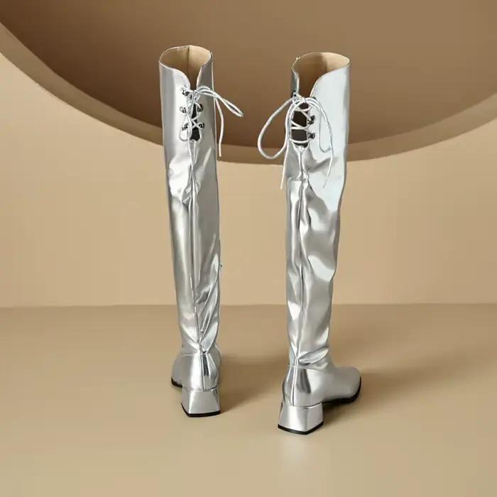 Chaussures or argent bottes au dessus du genou pour femmes bloc talon moyen fermeture éclair latérale confortable robe de soirée décontractée cuissardes longues bottes