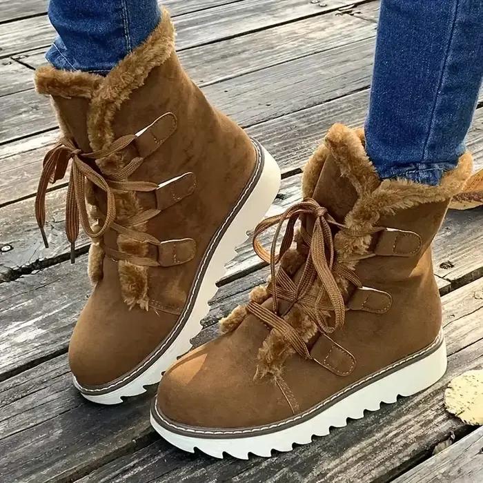 Bottes d'hiver pour femmes en daim de vache avec doublure en peluche courte, chaussures résistantes aux éclaboussures et antidérapantes, pour les jours froids et pluvieux
