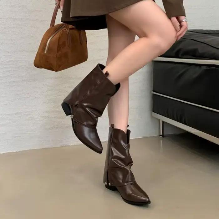 ​ ​ 2025 nouvelles bottes de cowboy occidentales pour femmes-mollet mi-mollet bout pointu talon épais
