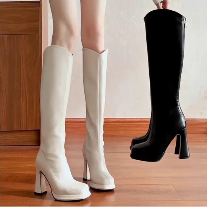 2025New bout carré Sexy femmes gothique genou-bottes de luxe concepteur semelle épaisse robe d'hiver talons hauts chaud femmes Biker bottes