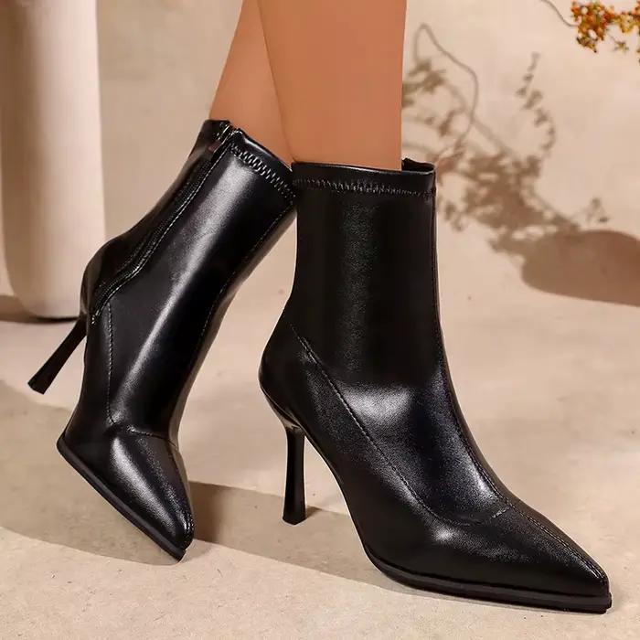 Bottines à talon aiguille tendance pour femme, grande taille 43, sexy, à bout pointu, en cuir PU, avec fermeture éclair latérale, talons très hauts, Botas