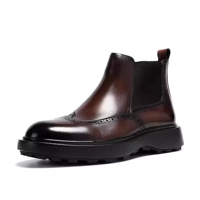 Bottes montantes à enfiler pour hommes, avec Design sculpté, fond épais, en cuir fait à la main, mocassins confortables de Style britannique