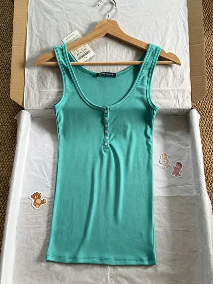 Débardeurs slim à boutons turquoise pour femmes, nouvelle collection été, streetwear simple, gilets sans manches polyvalents, camisoles vintage basiques en coton Y2K