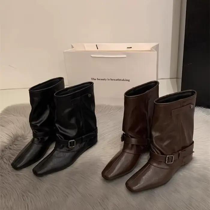 Bottes de chevalier de styliste pour femmes, chaussures à talons bas, robe de danse, Style de rue, fête de Banquet, courtes Botas Mujer