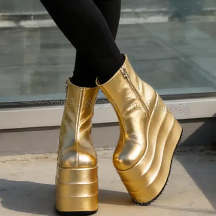 Bottines à plateforme fantaisie en cuir avec fermeture éclair latérale pour femme, chaussures rehaussantes à talon très haut, couleur unie, bout rond, mode et luxe