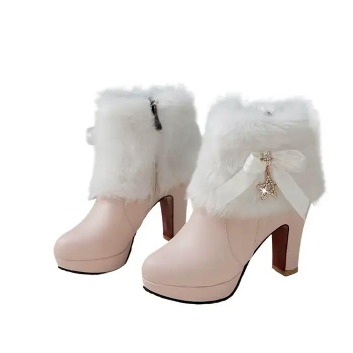 Bottes de neige femmes hiver chaud en peluche mode talons hauts rose blanc noir fourrure Bowt robe fête mariage