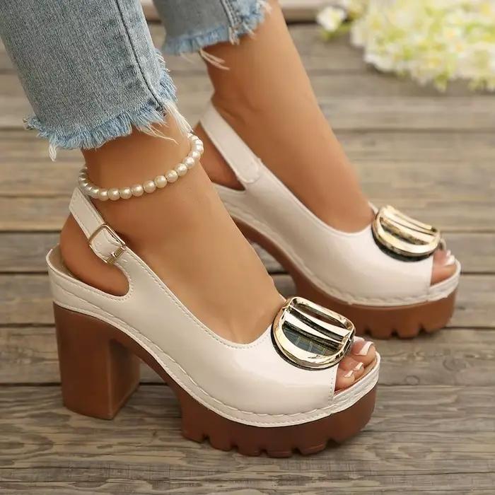 Sandales à talon carré et bout ouvert pour femmes, chaussures d'été à plateforme 2026, à semelle épaisse avec boucle métallique, à enfiler