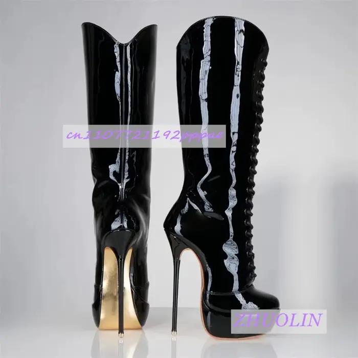 Bottes en cuir verni noir mat à talons fins et plateforme pour femmes, style de rue, printemps/automne, haute qualité, confortable, résistance à l'eau, idéal pour danser et sorties