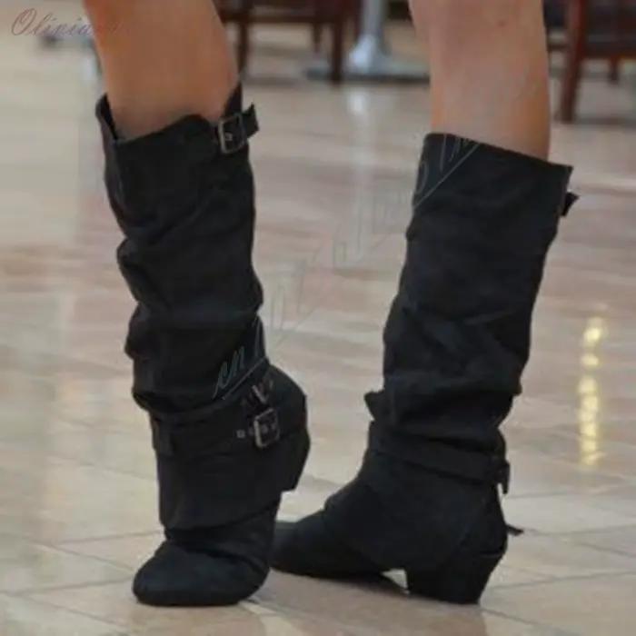 Bottes de cowboy western hautes pour femme en daim noir avec multiples boucles métalliques, talon carré, style vintage et décontracté, bottes de cowgirl