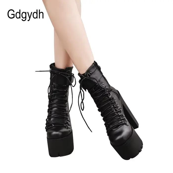 Gdgydh mode moto bottes femmes en cuir printemps automne boucle en métal talons hauts chaussures fermeture éclair noir bottines femme laçage