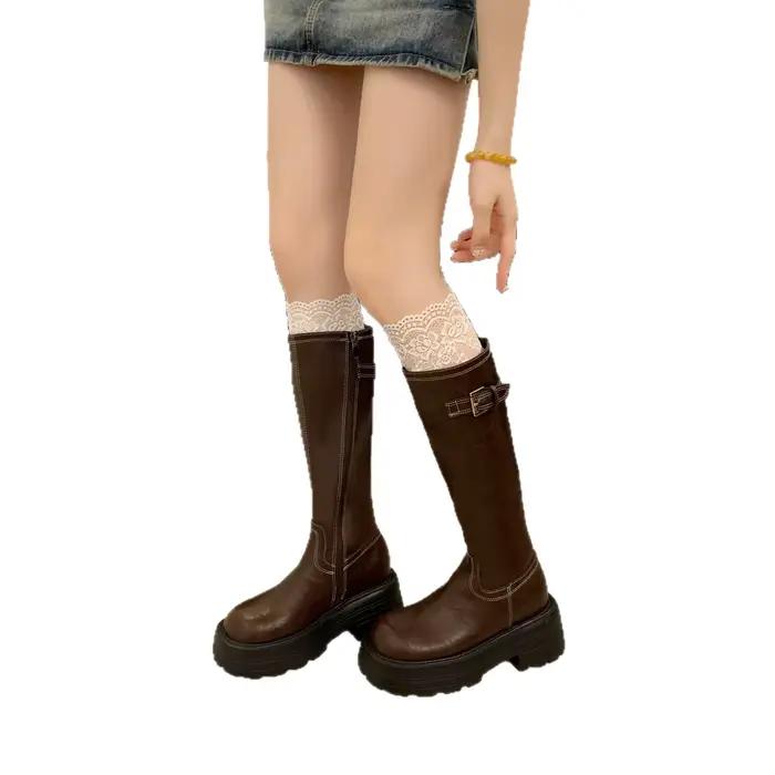 Bottes hautes marron pour femmes, talon de 10 cm, semelle épaisse, bout rond, décontractées, résistantes à l'usure, pour le printemps, l'automne et l'hiver, style cavalier