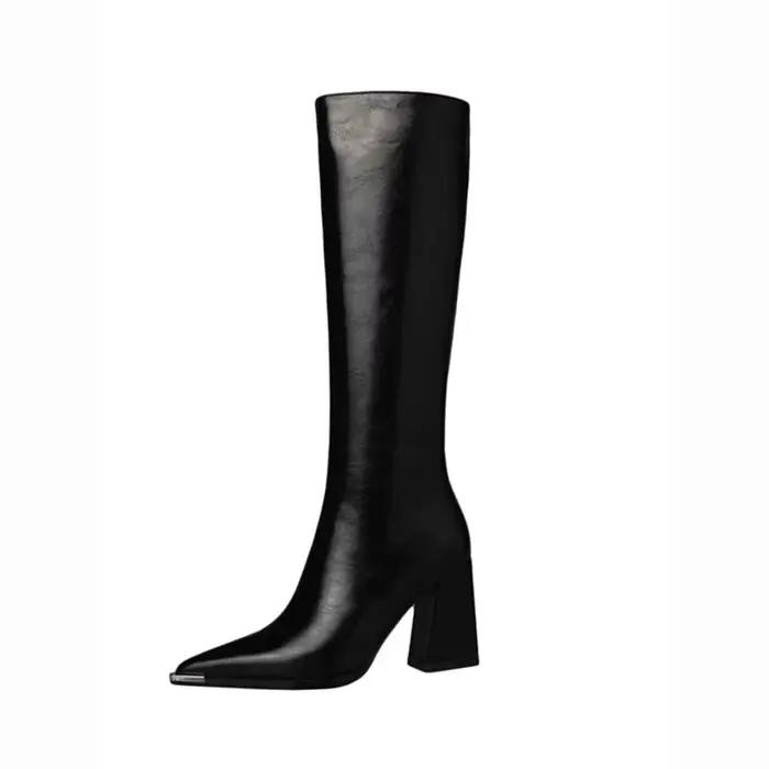 Bout pointu femmes bottes hautes mode fermetures éclair latérales chaussons longs dames élégant fête chaussures à