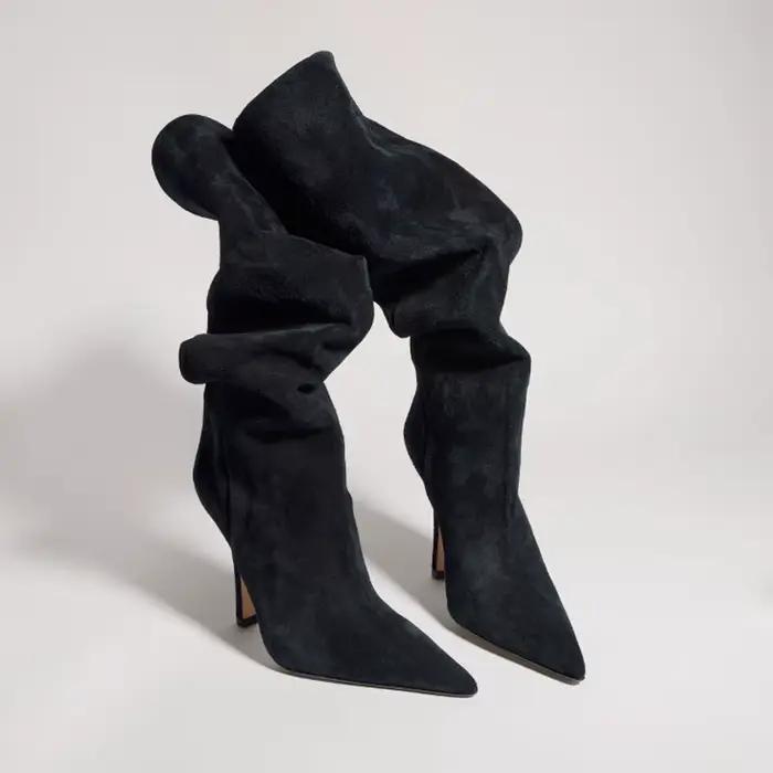 Bottes hautes en daim couleur unie pour femme, à bout pointu, talon aiguille fin, tige large, pour soirée et robe