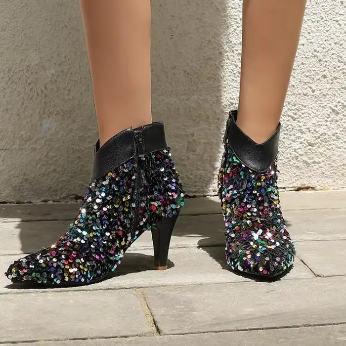 Bottes courtes à talons hauts et paillettes argentées pour femmes, style sexy, bottes modernes, talons fins, semelle en caoutchouc, ajustement parfait, ocassions spéciales et sorties nocturnes