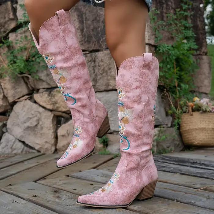 Bottes de cowboy longues brodées de fleurs vintage pour femmes, bottes western en cuir PU, bottes hautes pour femmes, chaussures de cowgirl à talons hauts