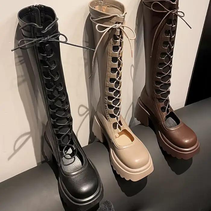 Bottes Hautes à Lacets et Talons Plateforme pour Femme Chaussures Ajourées Élégantes, Styliste, à la Mode, Été