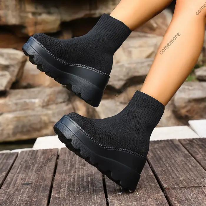 Comemore chaussettes bottes automne chaussures pour femmes compensées talons hauts tissage élastique