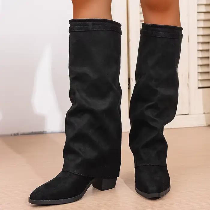 Bottes de cavalier en cuir PU bout pointu talon carré haute cheville pour femmes automne hiver style britannique casual polyvalente
