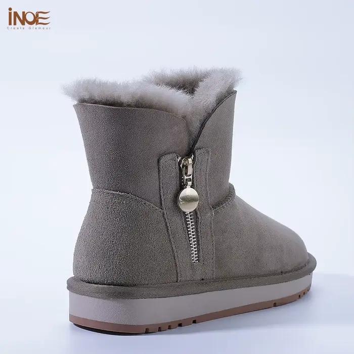 INOE mode femmes cheville hiver bottes de neige avec fermeture éclair Double visage en peau de mouton daim cuir peau de mouton laine doublure en fourrure antidérapante