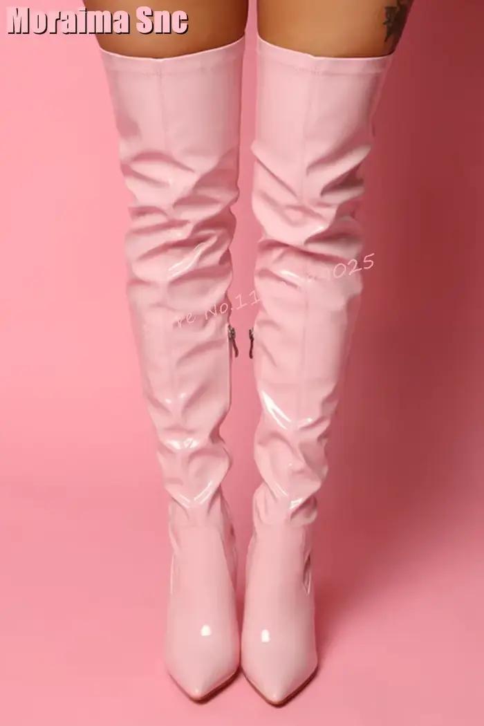 Cuissardes en cuir verni pour femmes style sexy hautes bottes modernes élégantes bout pointu talons fins pour femmes occasions spéciales soirée gala