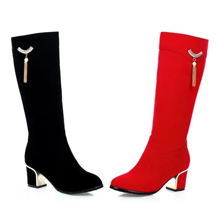 Automne hiver genou bottes hautes femmes noir rouge troupeau femmes bottes hautes de luxe talons bas décontractés mode longue chaussures de fête femme