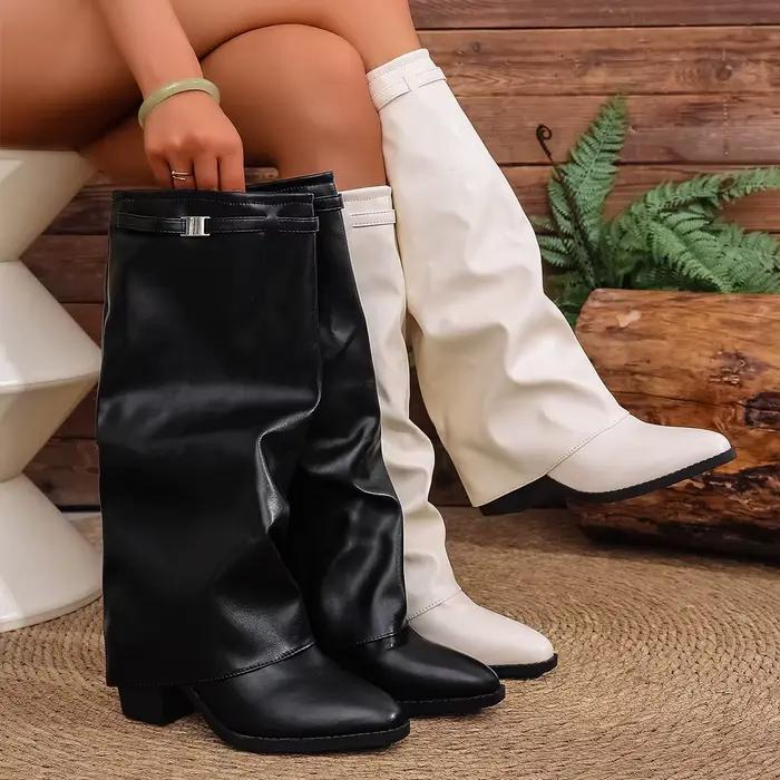 Bottes hautes pliables au-dessus du genou pour femmes en cuir PU, style britannique, talons hauts, bottes requins à offrir pour les occasions spéciales