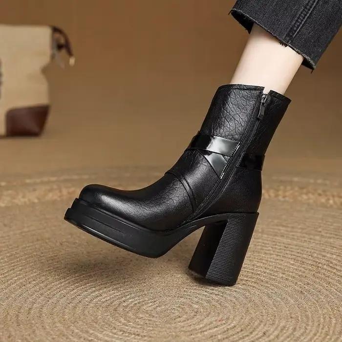 Chaussures d'hiver à talons blocs, bout rond, plateforme à fermeture éclair latérale, chaussons imperméables antidérapants, nouvelle collection