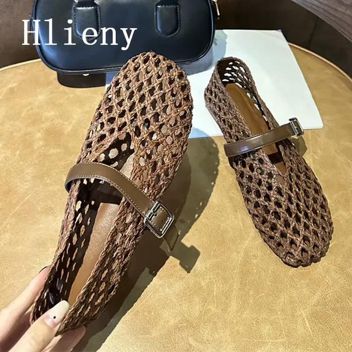 Hlieny été tissage évider maille chaussures plates femmes mode bout rond boucle sangle mocassins dames décontracté Mary Jane chaussure Mules sandale