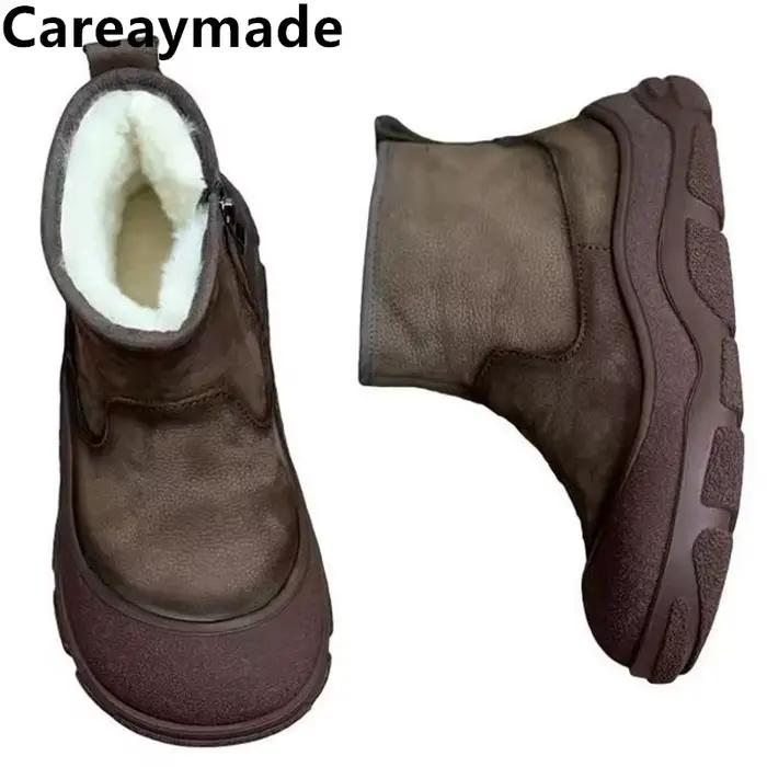 Careaymade-bottes en cuir véritable à bout plus large pour femme, chaussures de neige d'hiver à plateforme en fourrure, bottines à enfiler, chaussures chaudes en peluche pour femme