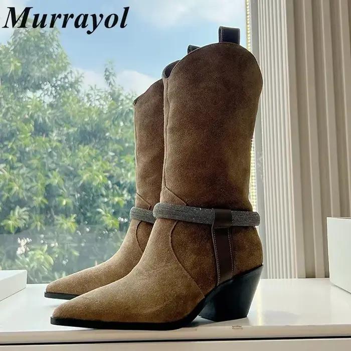 Bout pointu chaîne perle décor Chelsea bottes femmes vache daim talon épais mi-mollet bottes printemps automne style rétro bottes courtes