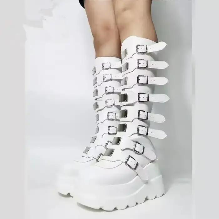 Bottes longues pour femmes chaussures gothiques plate-forme genou bottes hautes Punk noir Sexy motos bottes nouveau Halloween Cosplay femmes chaussures