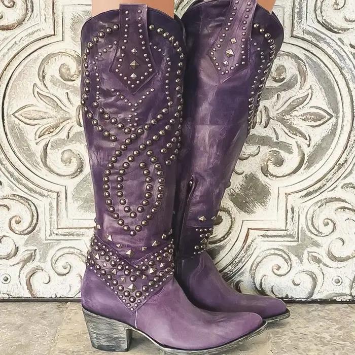 Bottes à tube long pour femmes d'automne et d'hiver avec rivets au talon moyen