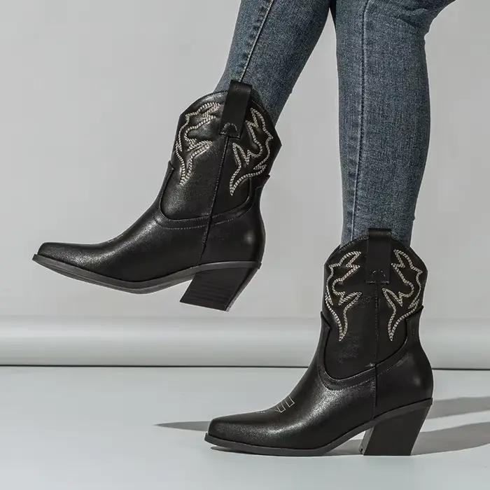Aneikeh automne hiver Vintage brodé grandes bottes de Cowboy occidentales nouveau Style talon grossier pointu cheville baril chevalier bottes