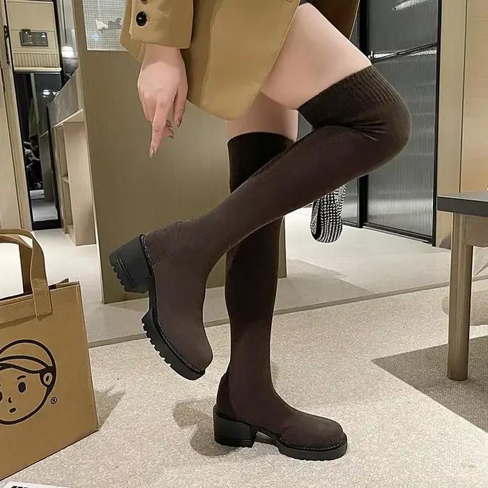 Bottes au dessus du genou pour femmes, chaussures à plateforme élastiques à bout rond, bottes de Cowboy occidentales à la mode, bottes de styliste de haute qualité, automne/hiver