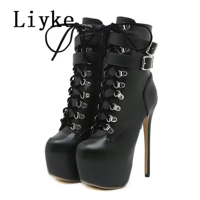 Liyke automne hiver plate-forme bottes pour femmes Sexy bout rond boucle sangle pôle danse talons hauts pompes mode à lacets chaussure de piste