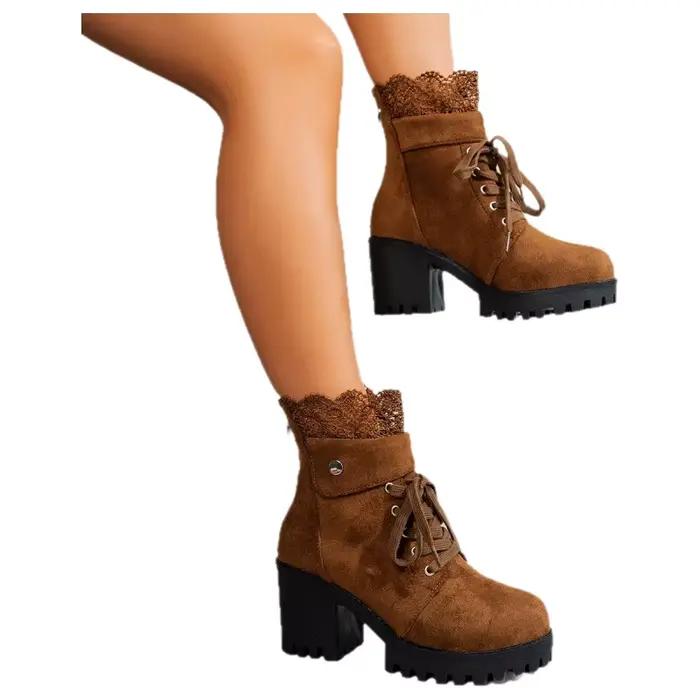 Bottes de mode pour femmes 2025 bout rond talon haut bottes courtes fermeture éclair bordure en dentelle semelle caoutchouc imperméable confortables pour femmes polyvalentes occasions spéciales
