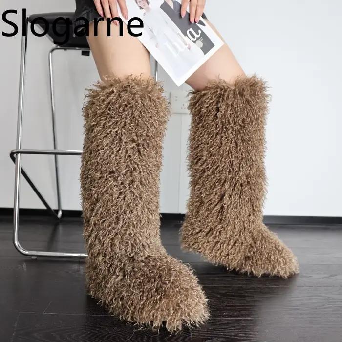 Bottes hautes en fausse fourrure pour femmes, bottes de neige en laine pour filles, chaussures à plateforme en fausse fourrure mongole moelleuse, tube haut, luxe, hiver