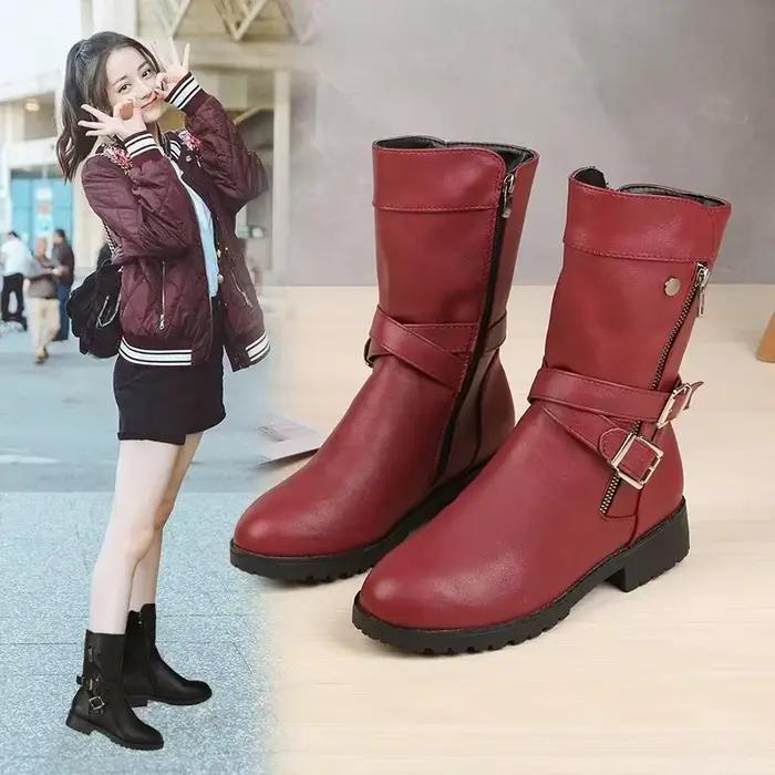 Chaussures femmes bottes en cuir rétro boucle De ceinture mi-mollet bottes bout rond 2023 nouvelles bottes décontractées imperméables femmes Botas De Mujer
