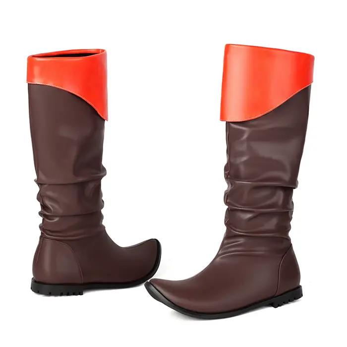 Bottes de pirate médiévales pour hommes, bottes pointues plissées en cuir PU, bottes de chevalier viking Renaissance, semelle épaisse, talon bas