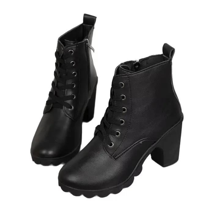 Bottines Chelsea à talon carré élevé pour femme, bottes noires à bout rond et plateforme épaisse, style romain, hiver, cheville, résistantes à l'eau, mode automne