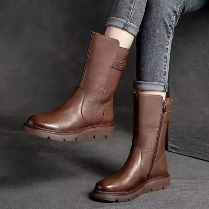 Bout rond femmes demi bottes hautes élégant mode dames mi-mollet chaussures concepteur de luxe qualité